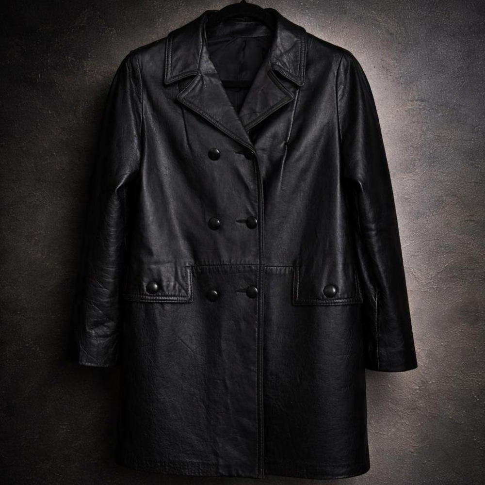 Vintage 90s Black Leather Minimal Coat Double Breasted Avant Garde M